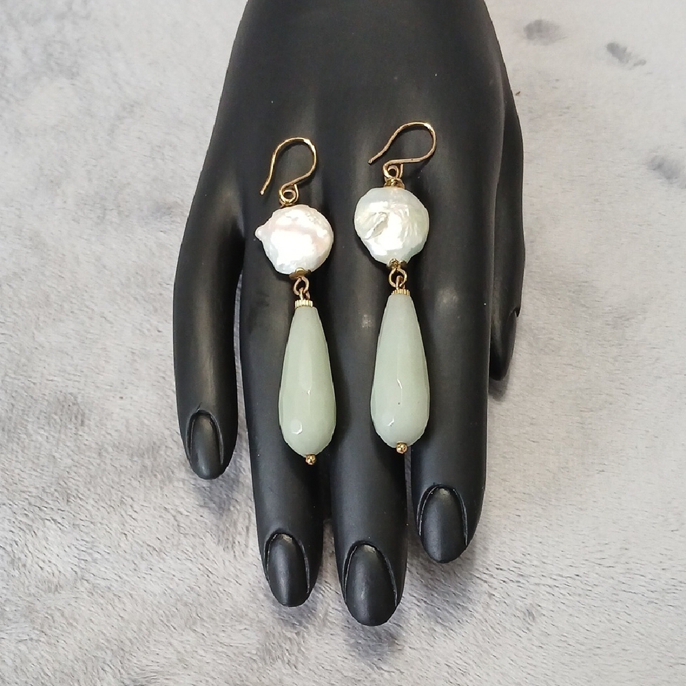 Elegant Gold, Mother of Pearl, and Jadeite Drop Earrings